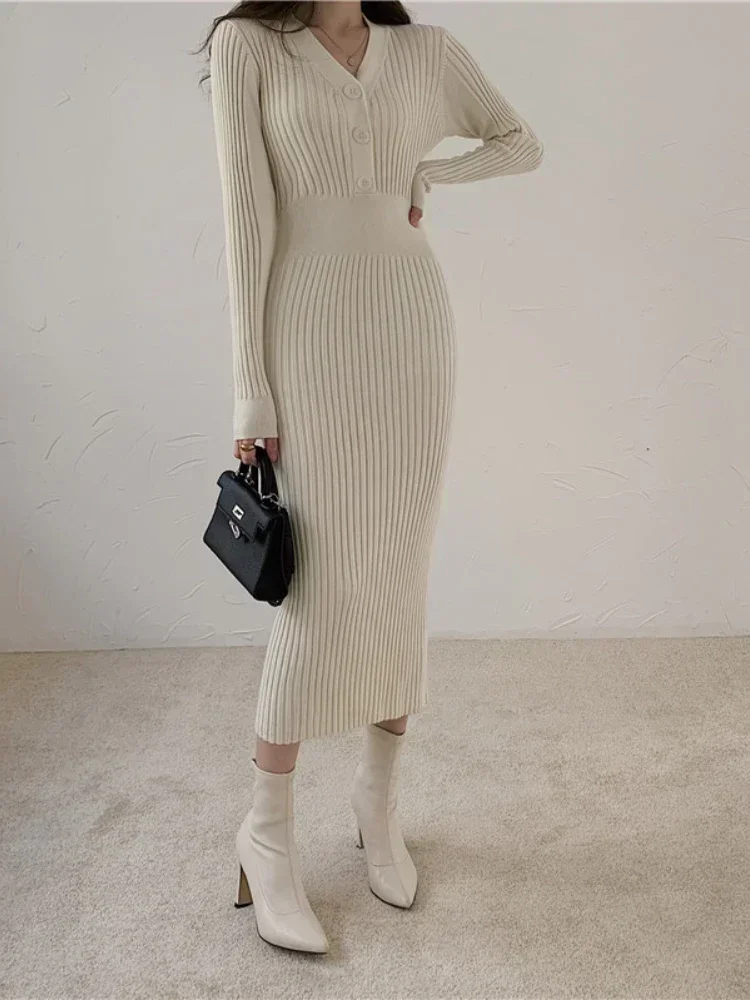 

Spring Autumn Women's Dresses Mid Length Slim Fit Knitted Skirt Thickened Overall V Neck Sweater Fashion Clothes for Office Lady