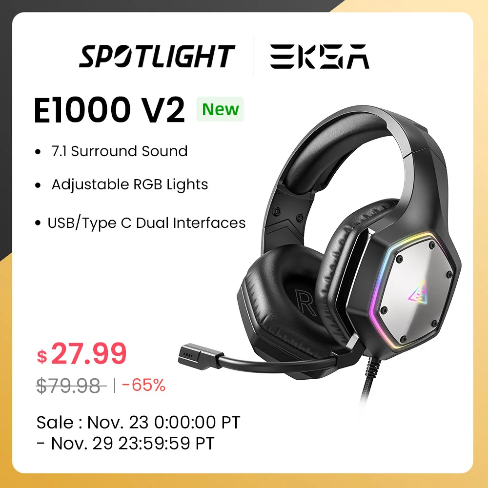 

Игровые наушники EKSA E1000 V2 RGB для ПК/PS4/PS5/телефона с шумоподавлением, проводная гарнитура USB/Type C для геймеров 7,1 Surround