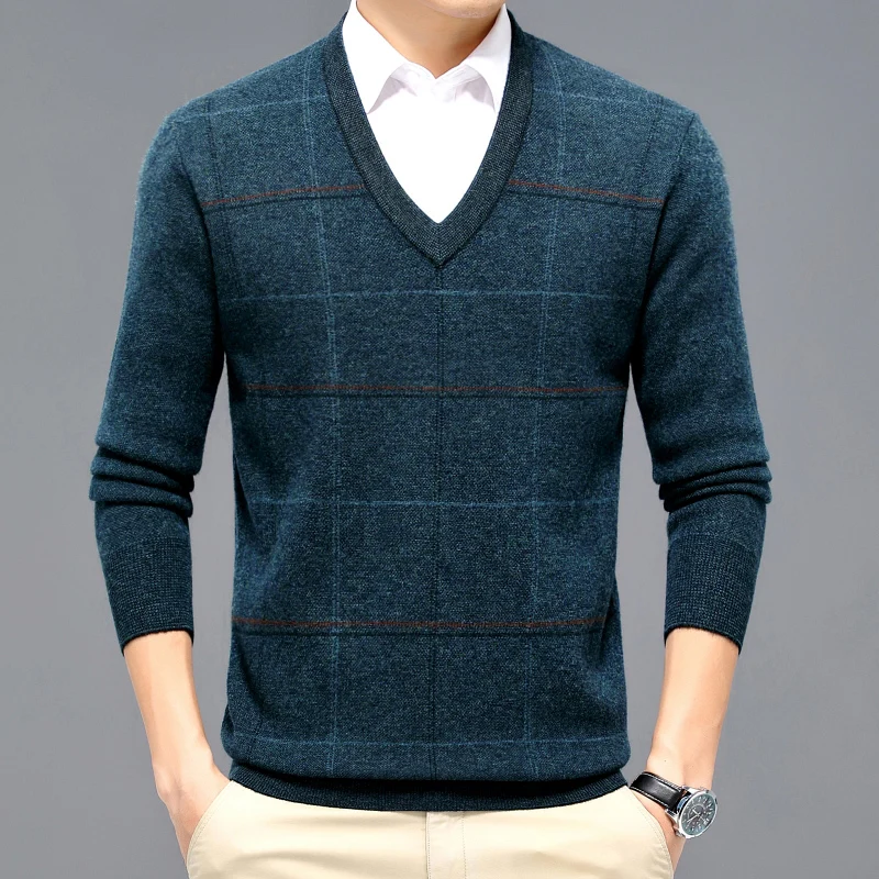 

Мужской кашемировый свитер из 100% чистой шерсти, Зимний пуловер, утепленный клетчатый жаккардовый свободный свитер с V-образным вырезом для ...