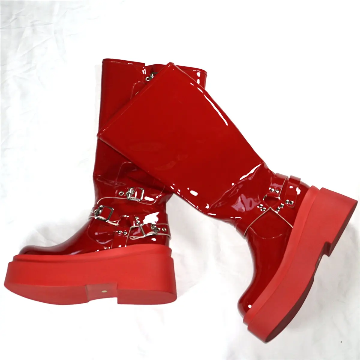 Super High Heels Fashion Sneakers Women Red Patent Leather Wedges Knee High Boots Female Round Toe Platform Pumps Casual Shoes
