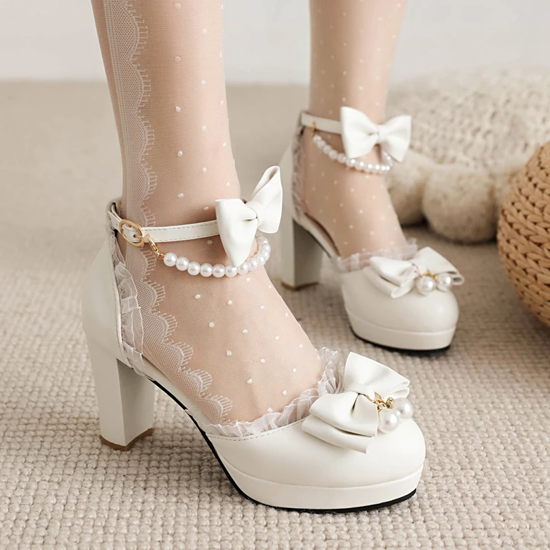 

Buckle Strap Women's High Heels Mary Jane Shoes Party Wedding Sandals White Pink Black Blue Bowtie Princess Cosplay Lolita Shoes
