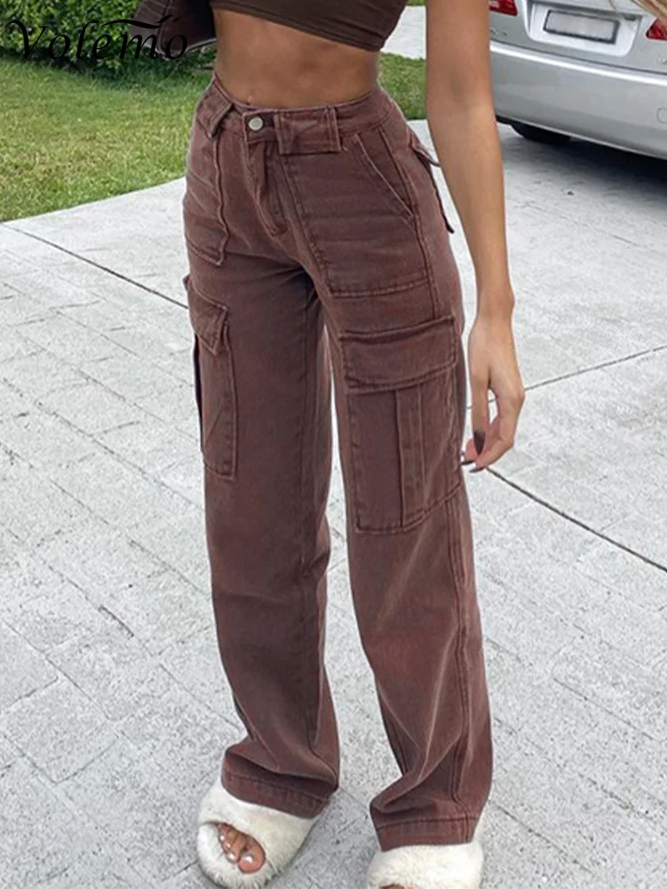 

Брюки-карго Volemo женские свободные, винтажные серые мешковатые джинсы с заниженной талией, пикантные прямые штаны в стиле оверсайз, Y2K