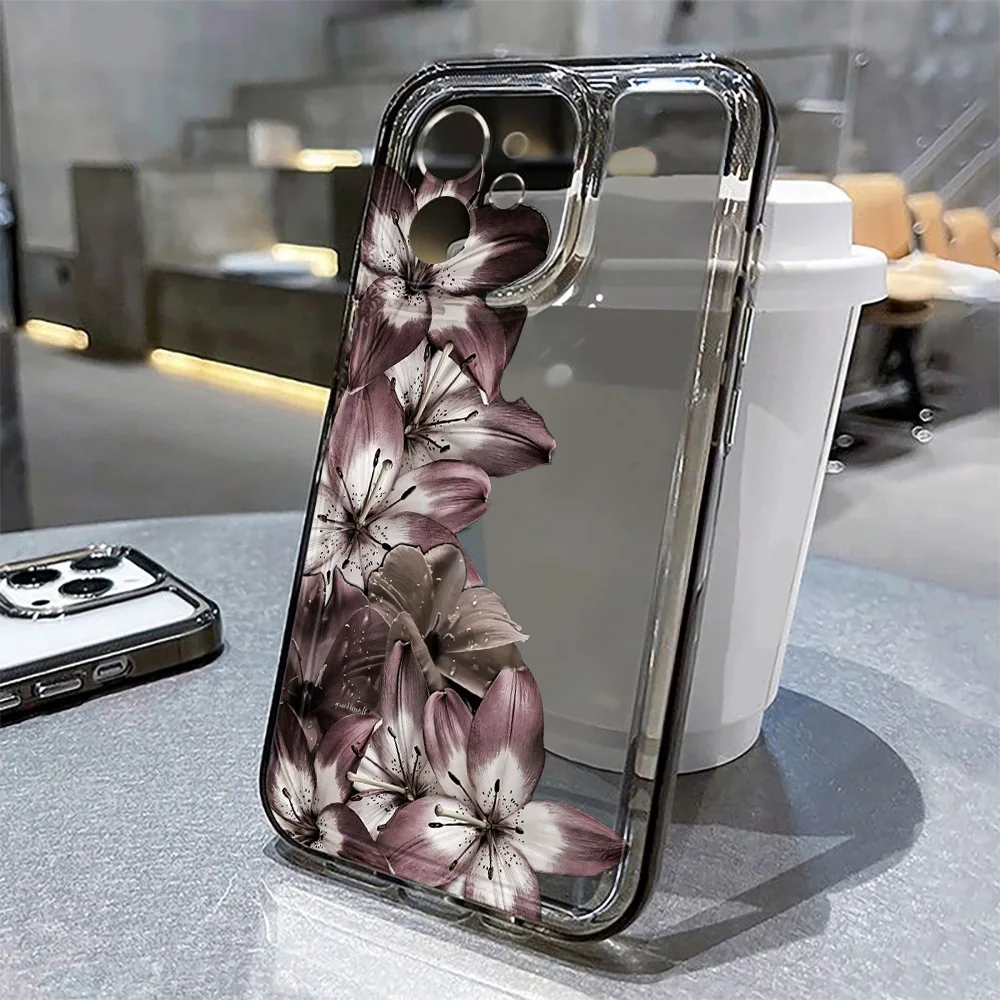 Фото Прозрачный чехол для телефона с цветами лилии для iPhone 17 Pro, 15, 13, 14, 11, 12, 16 Pro Max, 16e, 7, 8 Plus, Air, XS, XR, SE – Противоударный, мягкий, с цветочным узором №2