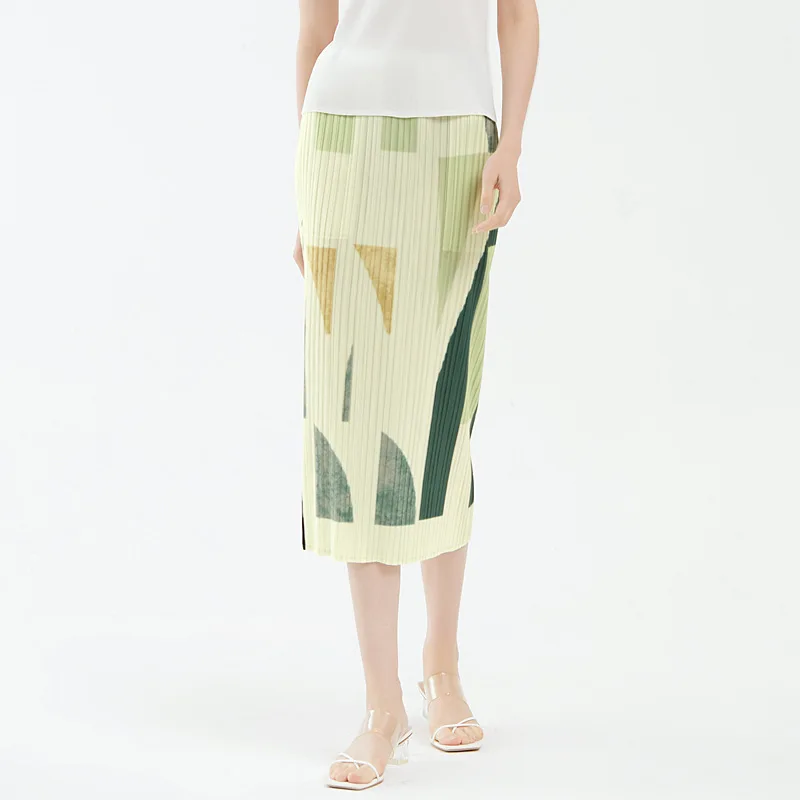 Japanese designer pleated printed skirt summer geometric design straight skirt women's temperament package hip skirt