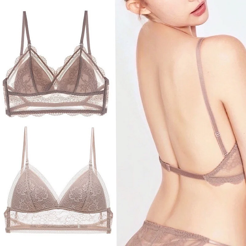 

French Sexy U-shaped Beautiful Back Underwear Female No Steel Ring Thin Bra Invisible Backless Lace Triangle Cup Bra Summer