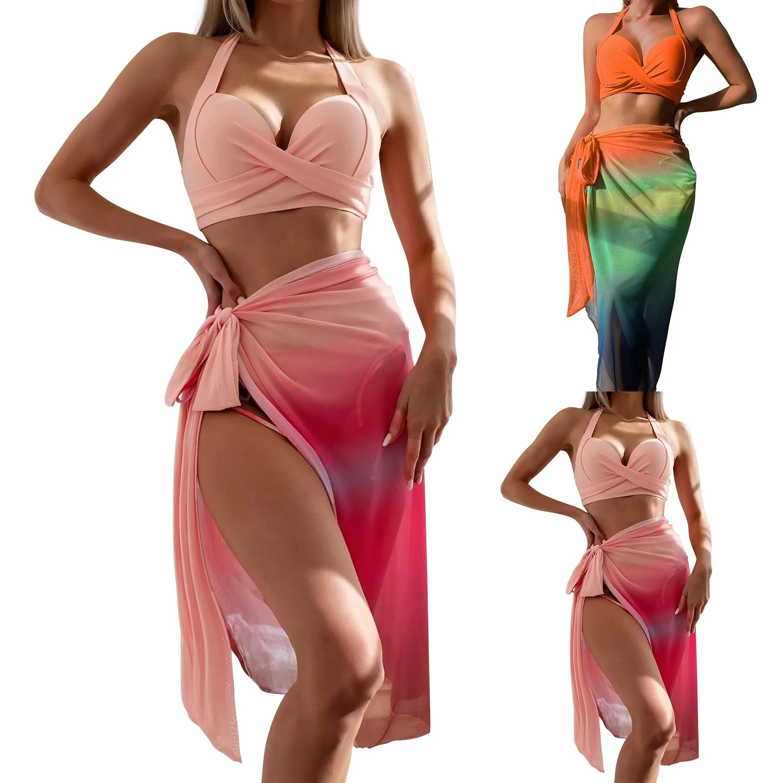 

Женский однотонный купальник с лямкой через шею и градиентными цветами, плавки, прозрачная юбка, бикини, пляжный женский купальник, топы средней длины
