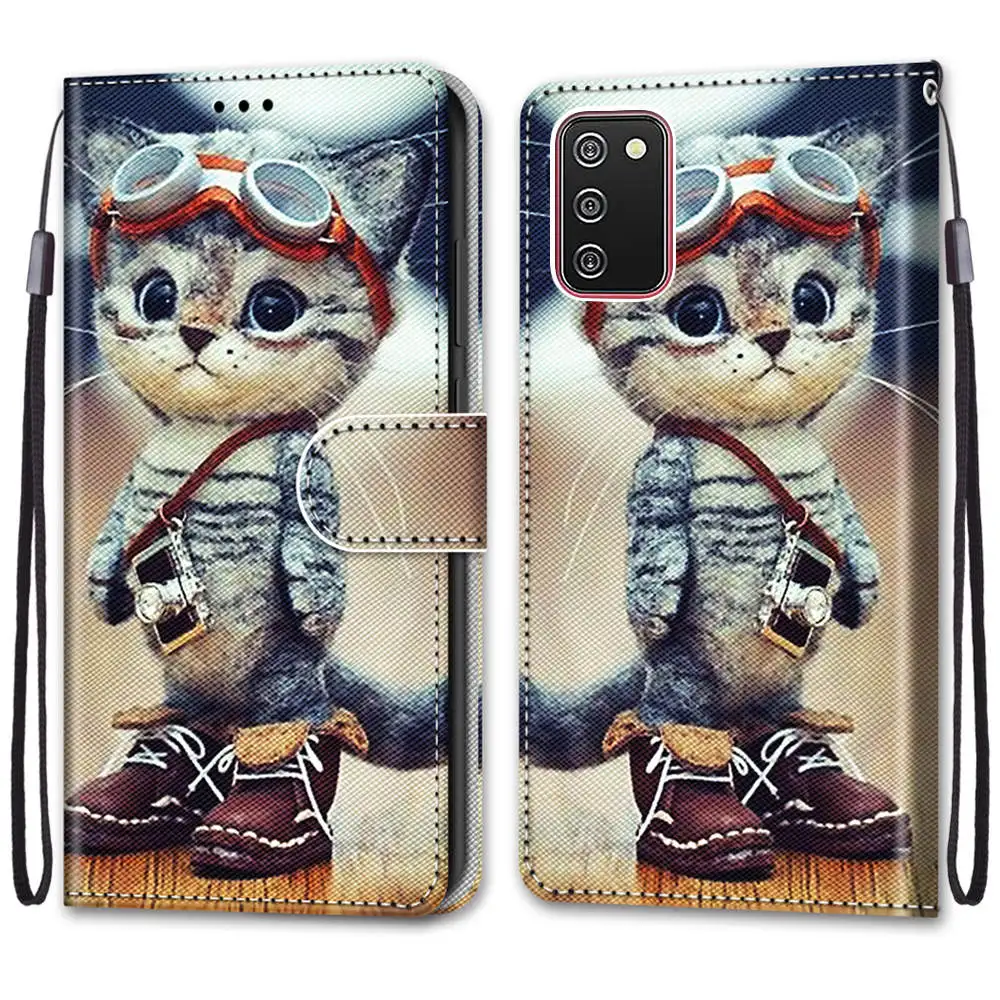 Kids Etui Card Holder Wallet Flip Case For Samsung Galaxy A22 A32 A52 A52S A72 Flower Cat Butterfly Pattern Phone Book Cover