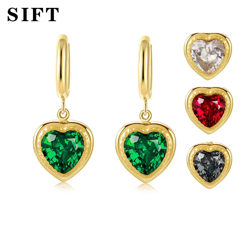 

Luxury 14K Gold Plated Emerald Zircon Heart Dangle Earrings for Women 2022 Green Red Stainless Steel Earrings Premium Earrings