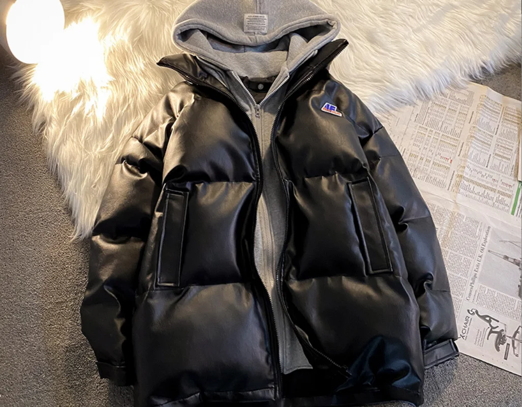 Pu lint coat men's winter thickened hooded cotton coat loose couple jacket