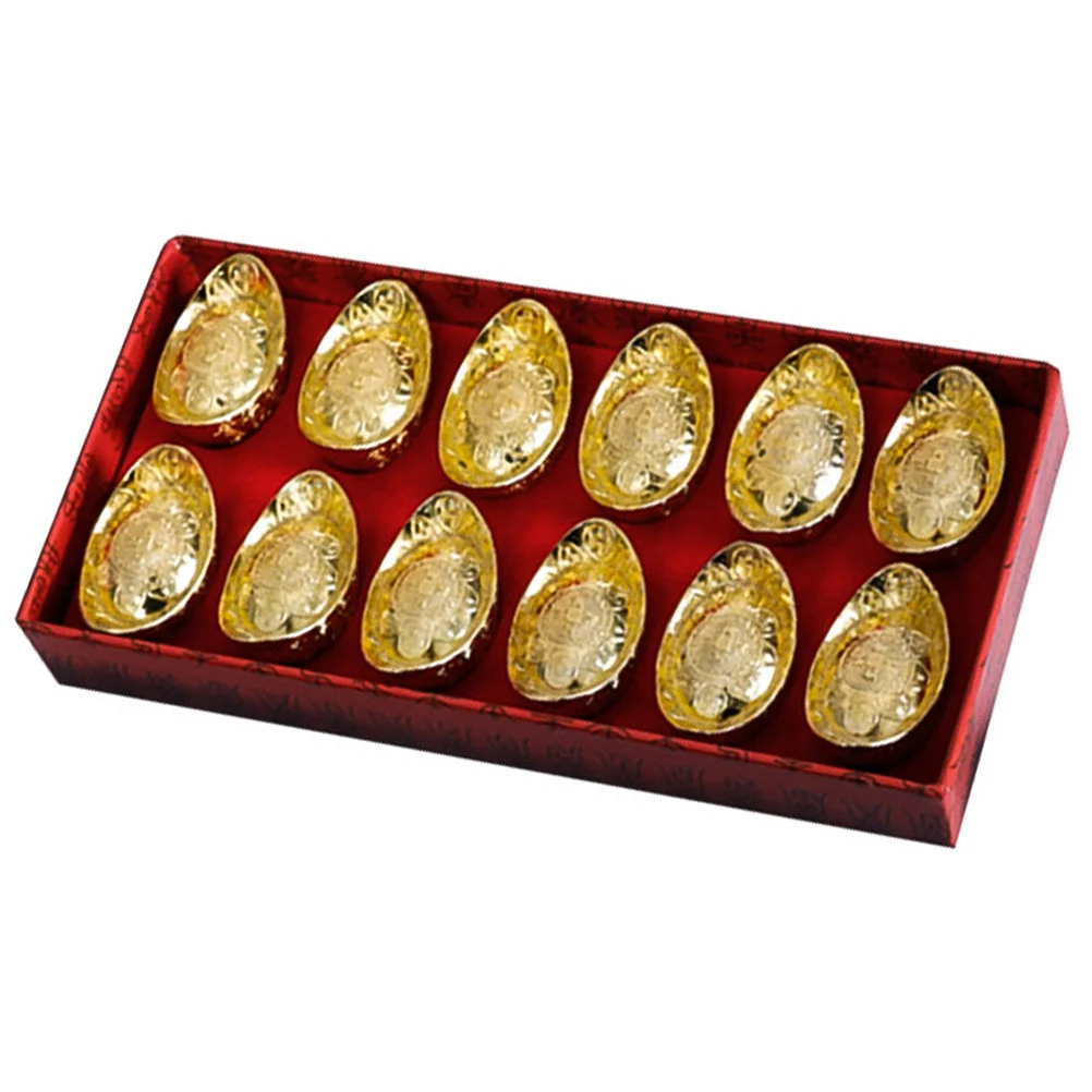 

12Pcs Golden Alloy Ingot Decor Household Alloy Ingot Adornment Wear-resistant Ingot Ornaments