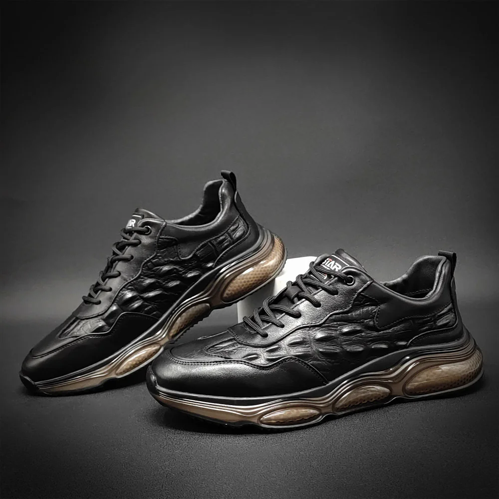 

Luxury brand genuine sports Leather Men's crocodile pattern light luxury embossed men's Autumn new popcorn casual shoes