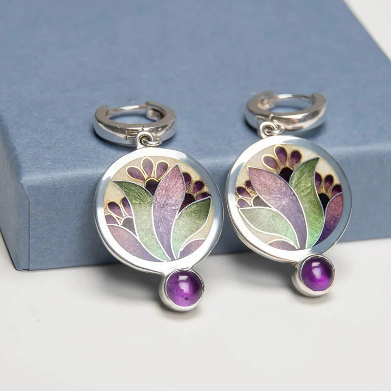 

Bohemian Purple Green Painting Drop Earrings Women Gifts Small Round Leaves Flower Pattern Statement Earrings
