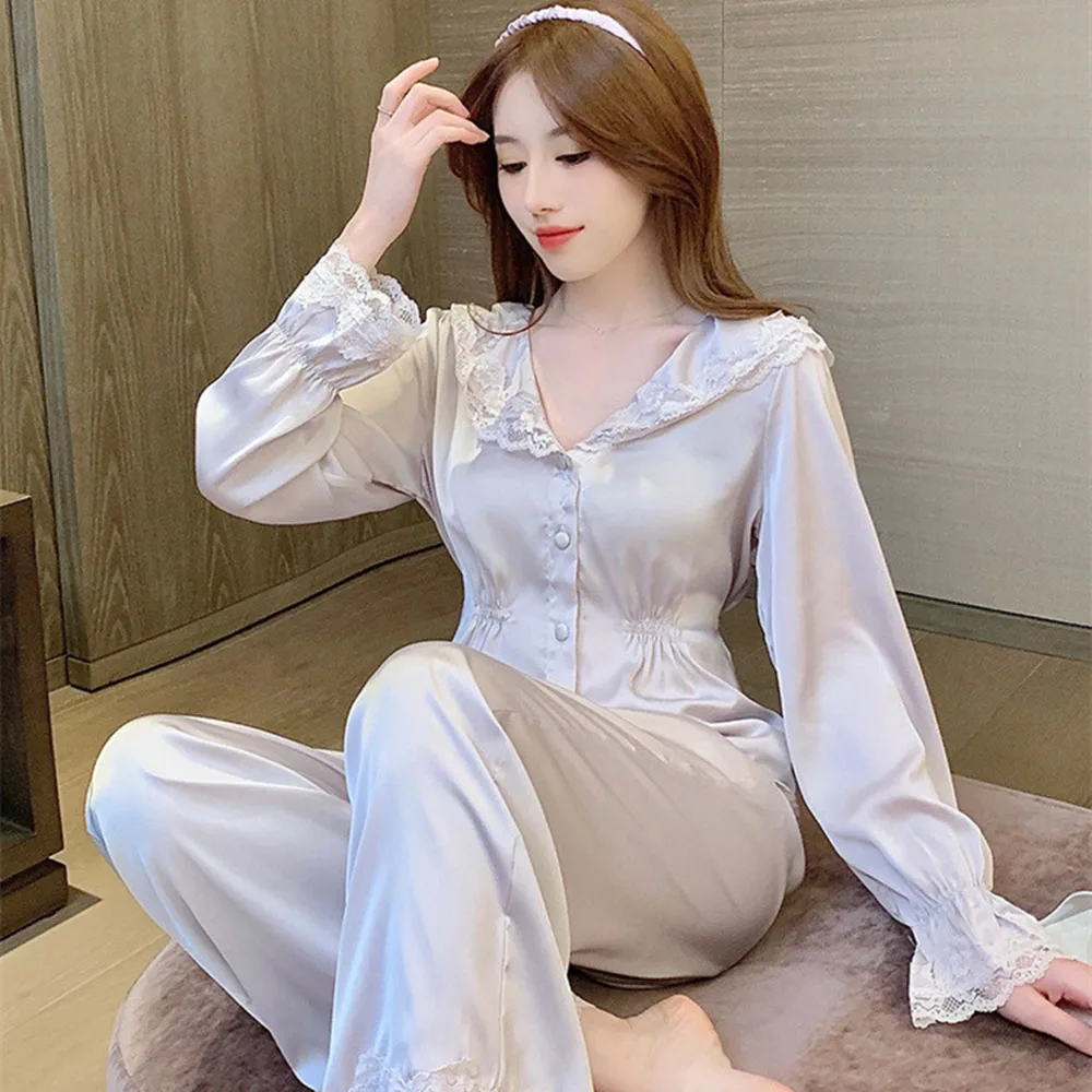 2023 New Palace Style Pajamas Women's Spring/Summer Ice Silk French Long Sleeve Ice Silk Can Be Outworn