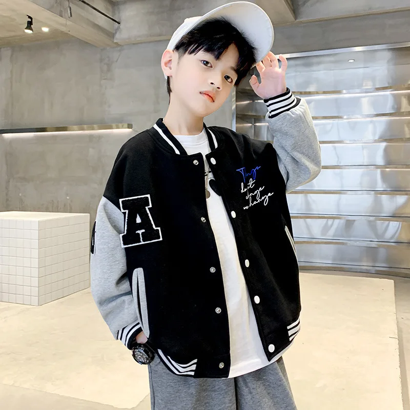 

teen Kid Bomber Jacket Children Spring Autumn Letter Print Outerwear Boy Streetwear Varsity Baseball Uniform Coat 4 6 8 10 12 14