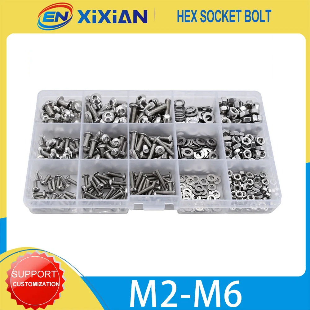 

M2 M3 M4 M5 M6 304 Stainless Steel Hex Socket Bolt Set Pan Head Cap Screw Hexagon Metric Nut Thread Machine Assortment Kit
