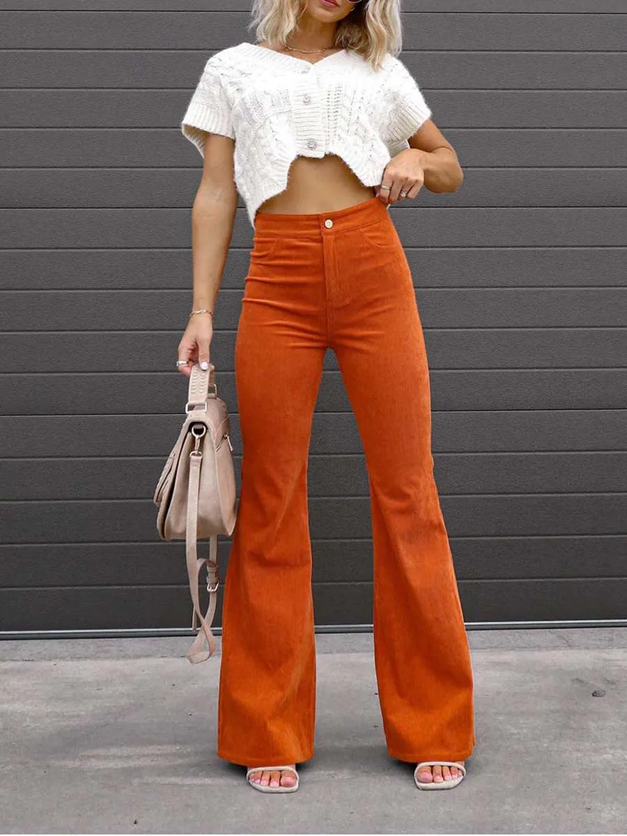 

Women Y2K Aesthetic Corduroy Flared High Waist Pants Solid Color Casual Stretchy Vintage Bell Bottom Trousers Streetwear