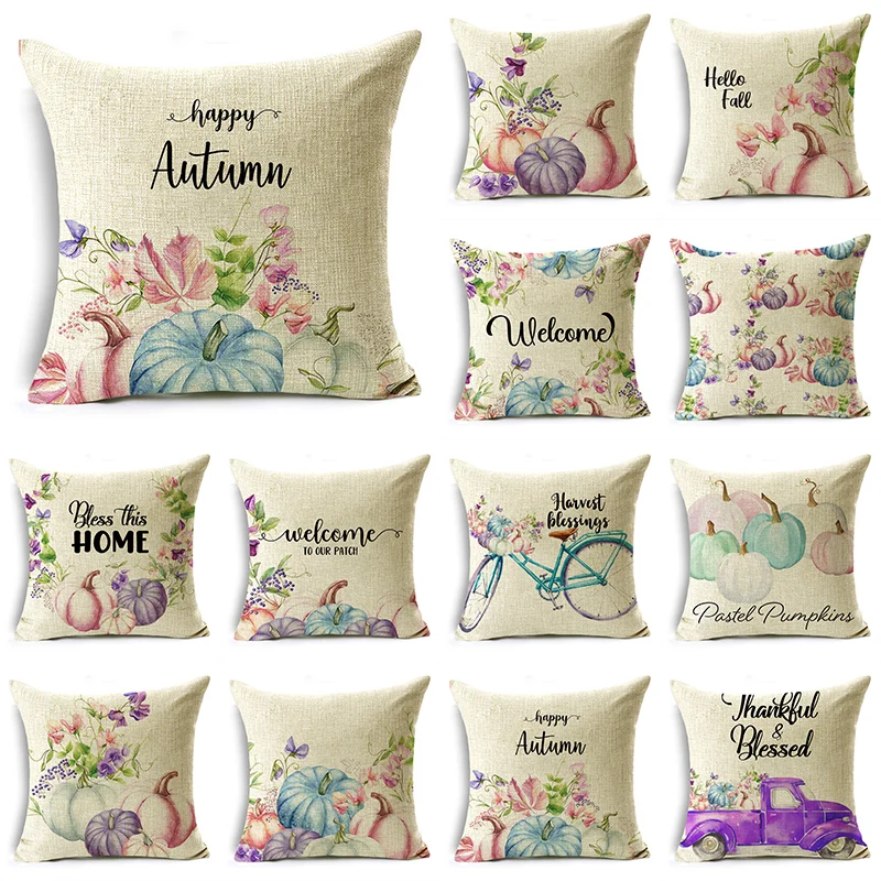 Harvest Blessings Simple Pink Blue Pumpkin Flowers Throw Pillowcase Cushion Covers For Sofa Office Bedroom Decor Multiple Size