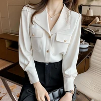 fashion pockets button solid color chiffon korean shirt female clothing autumn v neck casual tops all match office lady blouses