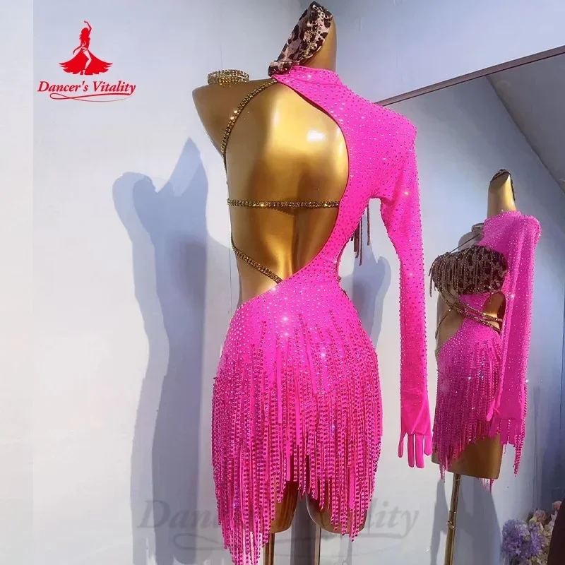 Платье для латиноамериканских танцев роскошное платье со стразами и бахромой