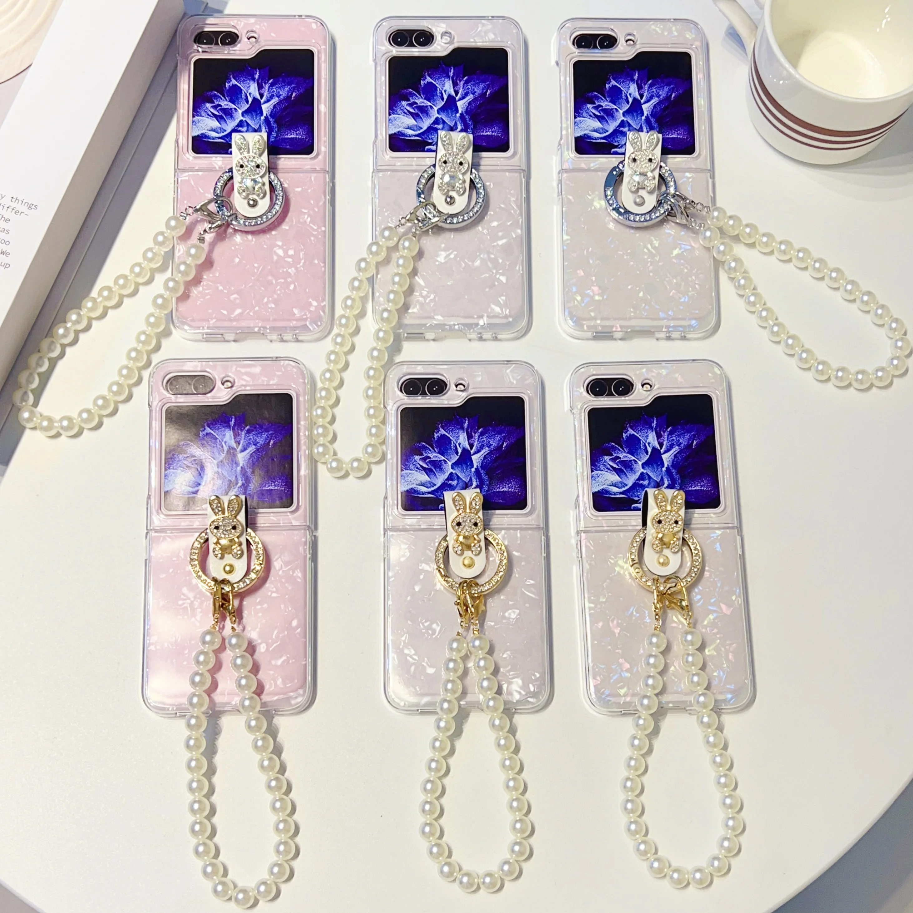 

For Samsung Galaxy Z Flip 5 Pearl Bracelet Case Shell pattern Painted Clear Shockproof Hard Plastic PC For OPPO find n2 flip