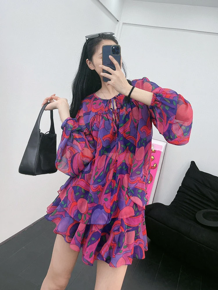 

2022 Summer New Romantic Sexy Slightly Transparent Printed Mesh Shirt & Lace Mini Skirt for Women