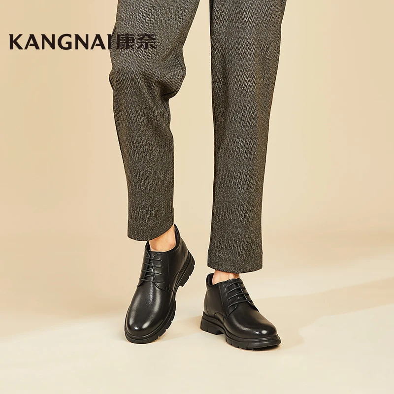 

Kangnai Leather Boots Thin Fur Men Shoes Lace-Up Round Toe High Top Platform Flats Black Casual Business Boots Winter Male Shoes