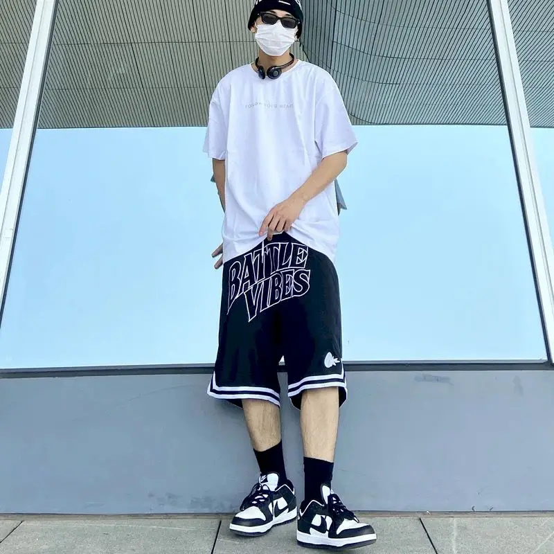 

Американские баскетбольные шорты для мужчин и женщин, черные брюки средней длины с завышенной талией и широкими штанинами, летняя спортивн...