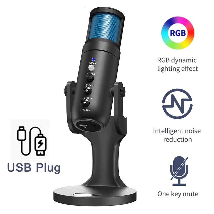 

Condenser Microphone with RGB Light Studio Recording USB Microphone for PC Computer Streaming Video Gaming Podcast karaoke Mic