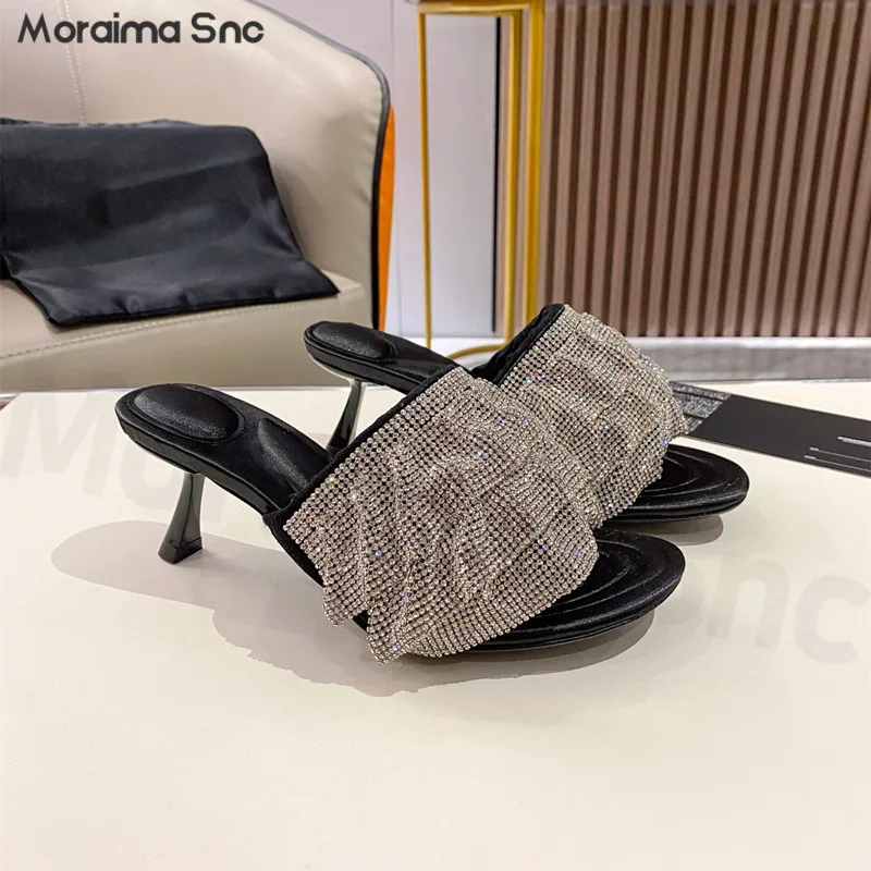 Ladies Full Diamond Rhineau Fashion Slippers 2023 New Stiletto Sexy Sandals Summer Outside Wear One Line Band Open-Toe Slippers
