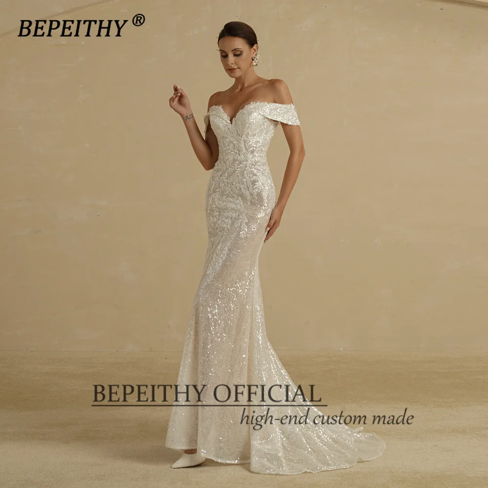 BEPEITHY Ivory Sequins Mermaid Wedding Dresses 2022 For Women 2 In 1 Detachable Train Lace Bridal Gown Beach Vestido Novia images - 6