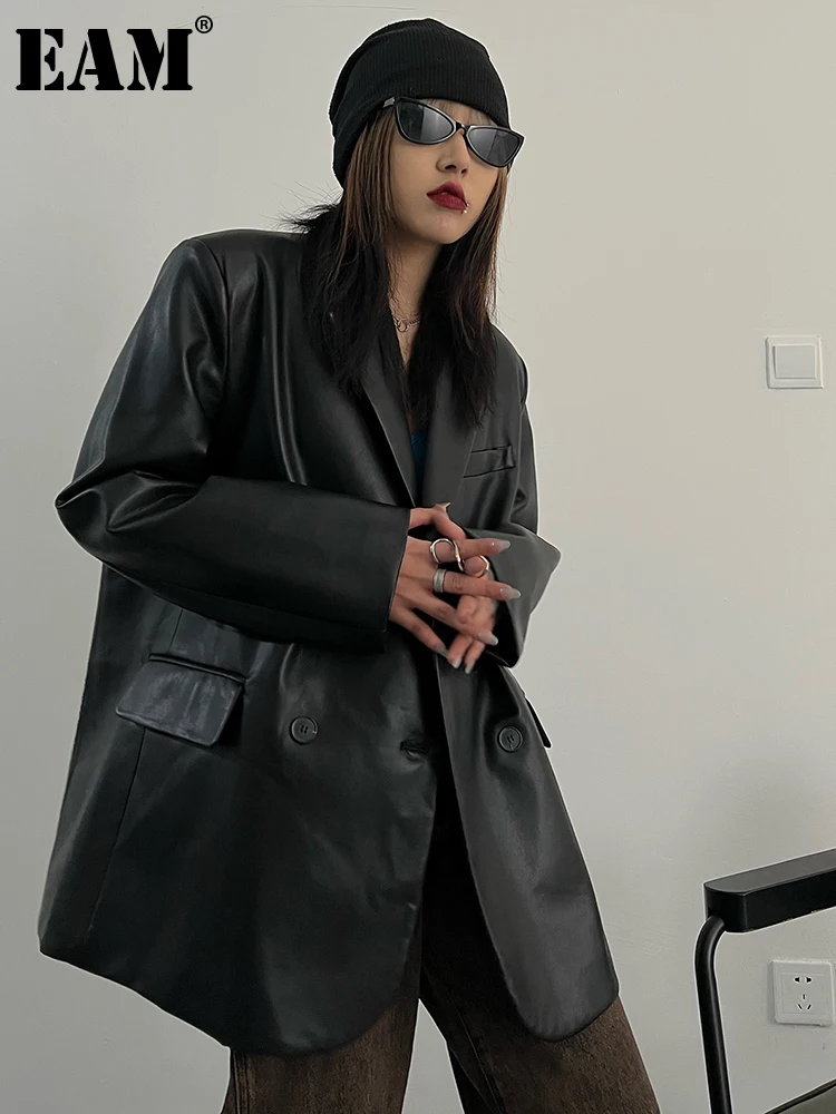 

[EAM] Loose Fit Pu Leather Black Big Size Casual Jacket New Lapel Long Sleeve Women Coat Fashion Tide Spring Autumn 2023 1DF0081