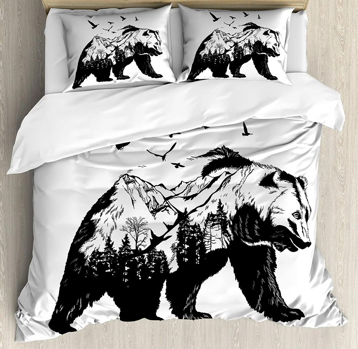 

Bear Bedding Set For Bedroom Bed Home Mammal Silhouette with Mountain Landscape Flying Bir Duvet Cover Quilt Cover Pillowcase