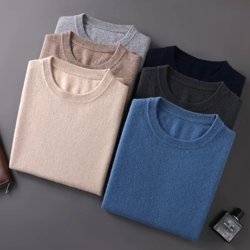 Men's 100% Cashmere Sweater Round Collar Pullover Basic Long Sleeve Knitwear Autumn Winter Smart Casual Clothing Tops