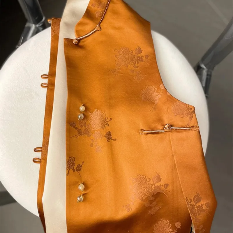 Новая китайская женская одежда стильная Улучшенная рубашка Оранжевая атласная