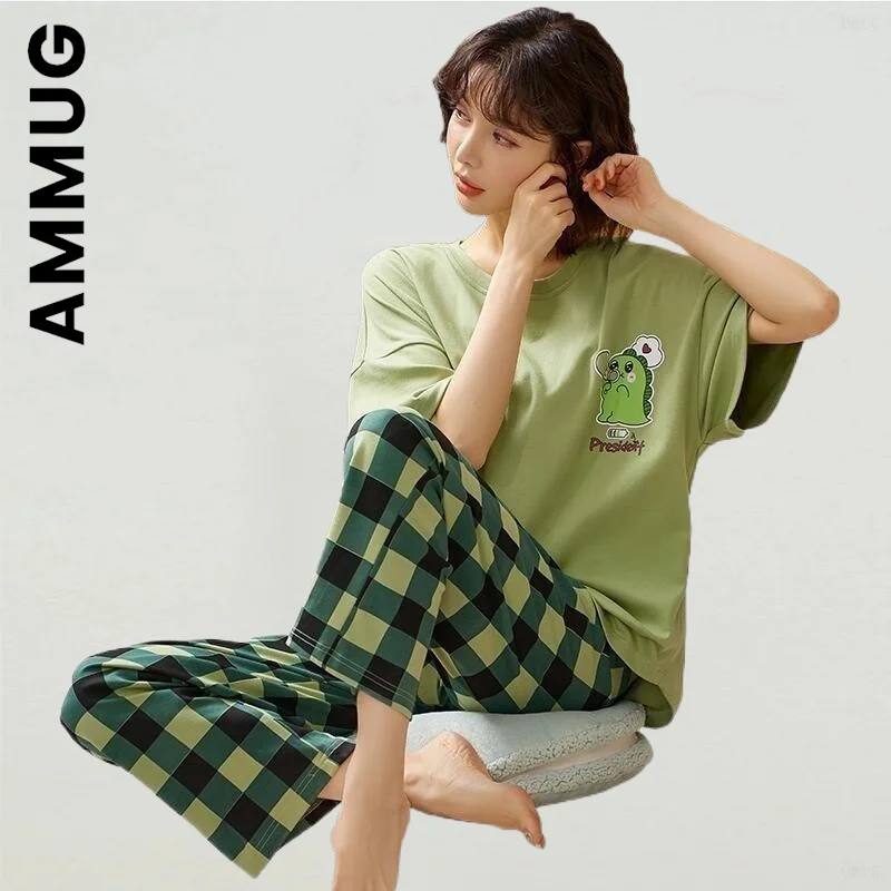 

Ammug Women Summer Pajamas Casual Suit Korean Style Sweet Long Pants Short Sleeved Pyjamas Simple Female Clothes Home Suit