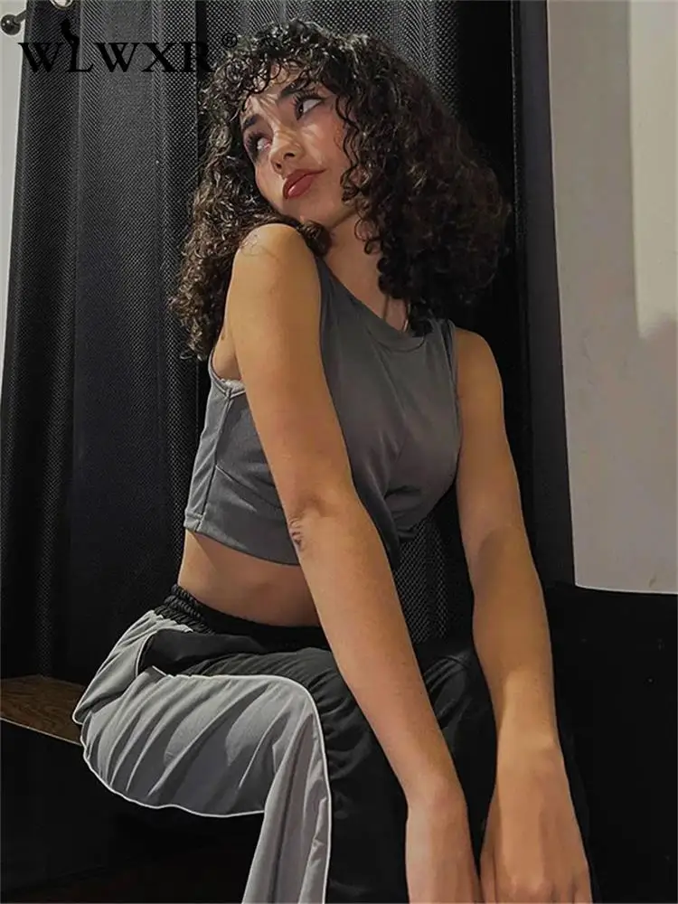 

Укороченные топы без рукавов WLWXR, летняя одежда для женщин 2023, уличная одежда, серые футболки с круглым вырезом, однотонные повседневные футболки для женщин