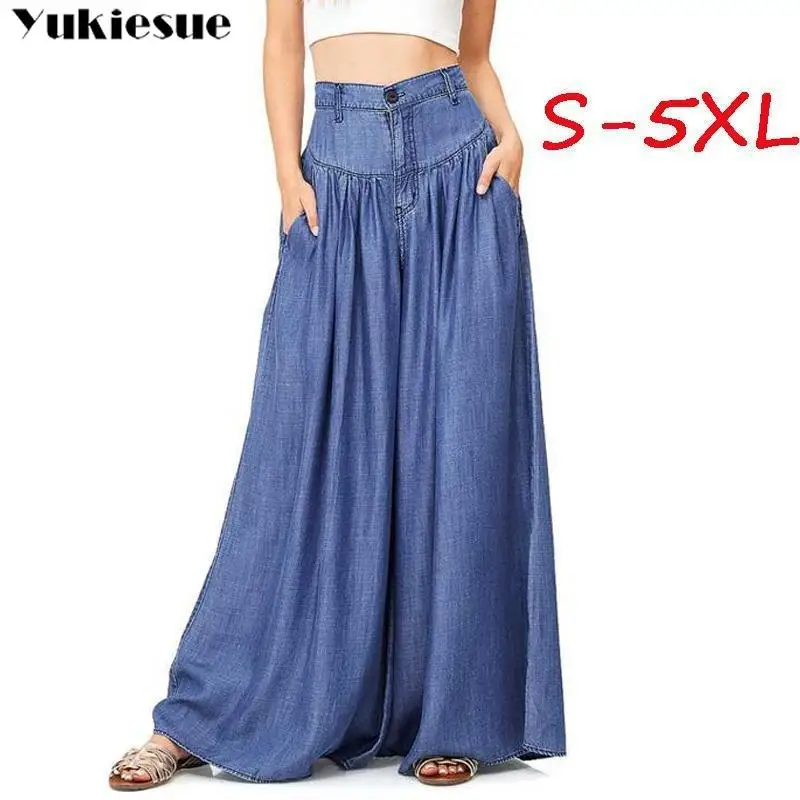 

Уличная одежда, лето 2022, женские брюки в стиле бохо, женские джинсовые плиссированные широкие брюки с высокой талией для женщин, брюки, женск...