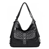 classic diamond lattice shoulder bags washed pu leather soft handbags solid black multi function packages for women 2022