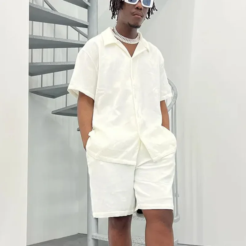 

Мужской комплект одежды, лето 2022, Мужская свободная Однотонная рубашка с коротким рукавом и шорты, повседневный модный костюм из двух предм...