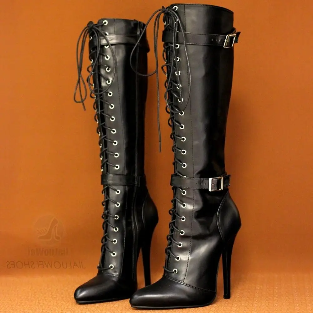 14CM High Heel retro Vintage Style Pointed Toe Stiletto Buckle Strap Lace-up Women Knee-high Boots