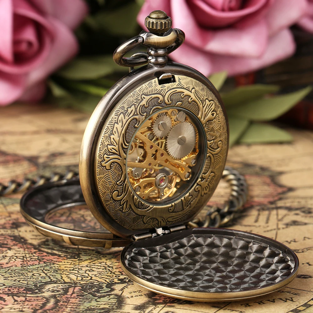 Transparent Glass Bronze Manual Mechanical Pocket Watch Vintage Pocket Chain Hand Winding Mechanism Timepiece Double Cover