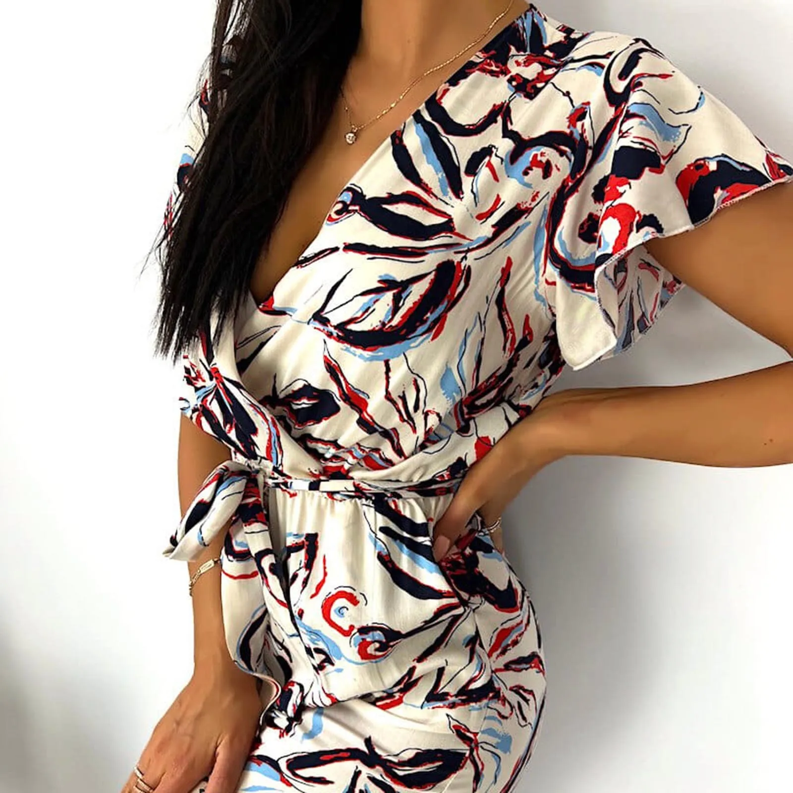 

Women Summer Short Sleeve V Neck Buttons Waist Belt Straight Wide Leg Cropped Jumpsuits Rompers With Olive Green Jumpsuit