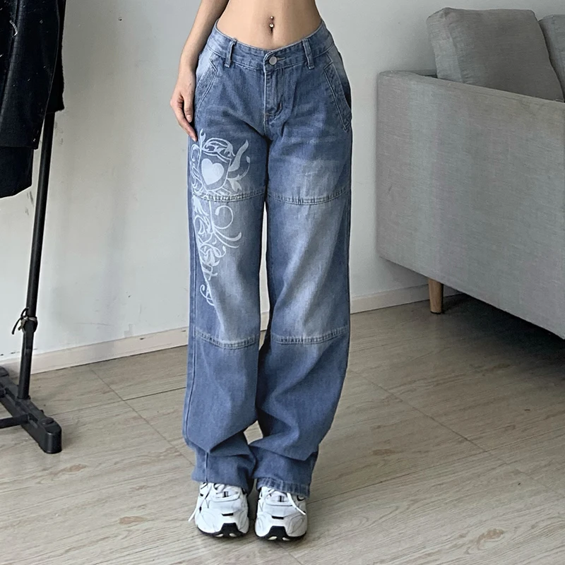 

Джинсы-карго Harajuku с принтом Y2K, темно-синие, коричневые, с высокой талией, уличная одежда, мешковатые джинсы в стиле 90-х, женские прямые джинсы с широкими штанинами