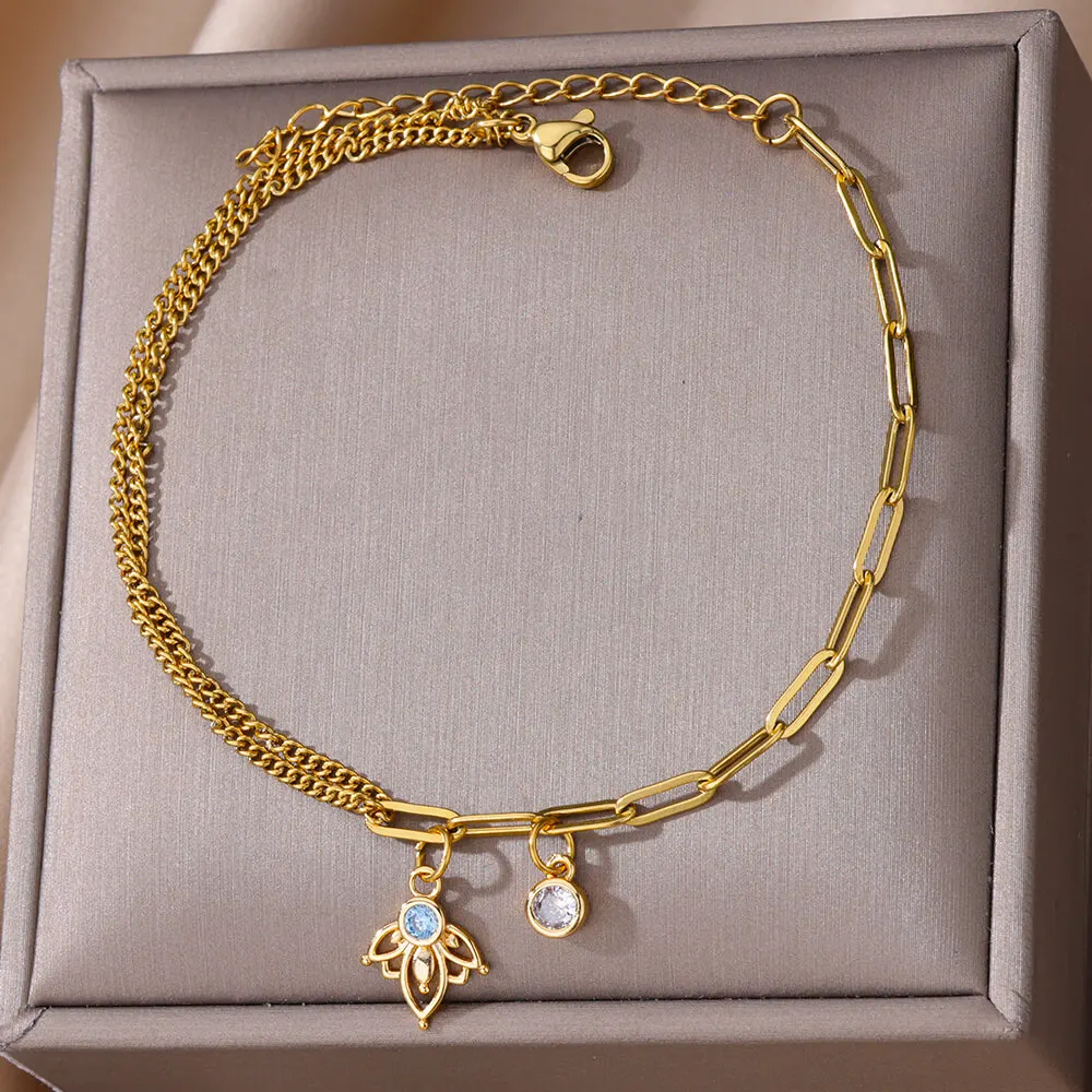 

Fashion Lotus Zircon Anklets For Women Gold Color Lotus Seed Plant Stainless Steel Anklet Boho Jewelry Summer Accessories