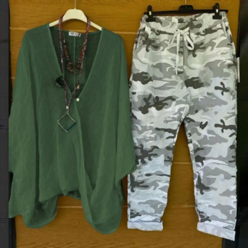 

Printed Elegant Temperament Batwing Sleeves Top Camo Trousers for Daily Wear