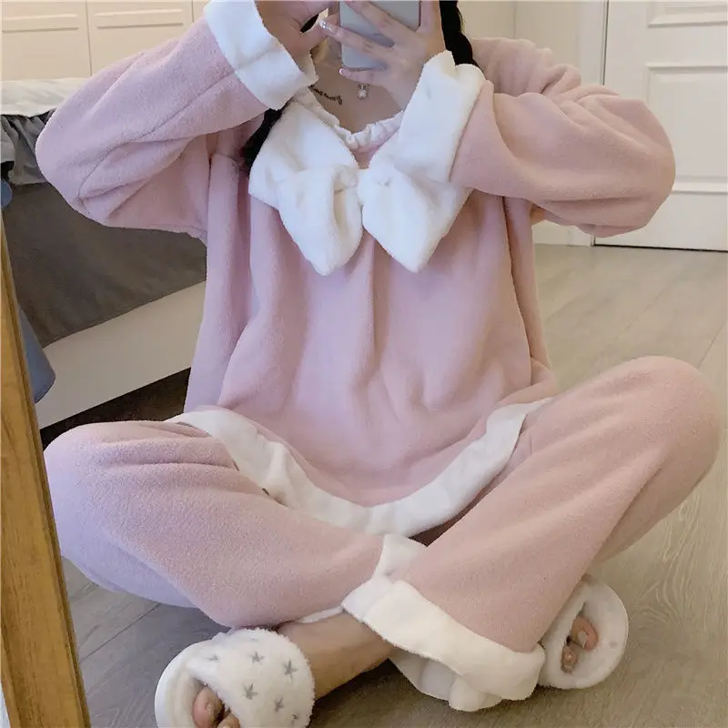 

Pajama Sets Women Sweet Plaid Lacework Bow Warm Coral Fleece Thick Kawaii Cozy Ulzzang Students Lounge Wear Soft Pajamas Mujer