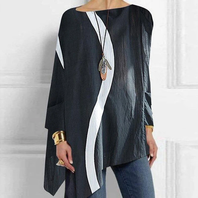 

Модная женская белая Асимметричная Однотонная футболка, весна-осень, Свободный Топ с круглым вырезом и длинными рукавами, повседневная про...