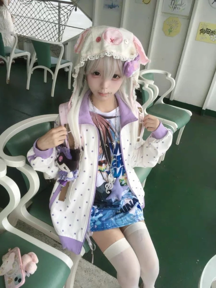 HOUZHOU Y2k белые Cutecore Juminocore женские толстовки в горошек на молнии милое пальто с длинными рукавами в японском стиле Kawaii свободное повседневное (art.: 3920d3efdc47f) - 3920d3efdc47f