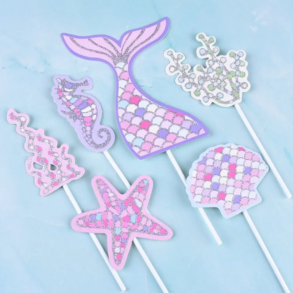 

6pcs Mermaid Starfish Cake Topper Decor Mermaid Cupcake Topper for Happy Birthday Baby Shower Wedding Cake Party Supplies