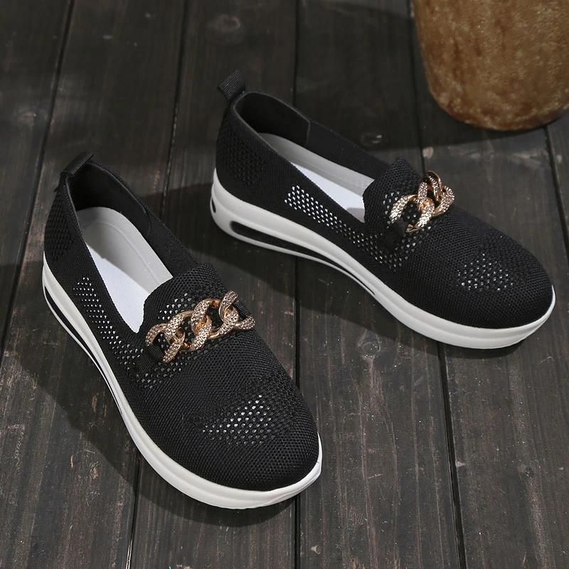 Spring Summer New Fashion Women's Casual Vulcanized Sports Knitting Sneakers Flat Soft Soled Hollow Out Chain Shoes Plus Size 43